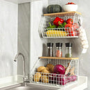 White Fruit Bowl, 2-Tier Fruit Basket for Kitchen Counter, Stackable Wall Mounted Veggie Storage, Snack Organizer, Potato and Onion Storage Basket, Hanging Pantry Organizer with Wood Lid, 2 Set