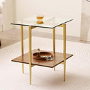Glass End Table, Mid-Century Modern Design Sofa Table, for Living Room, 2-Tier Structure, Clear Glass Top and Walnut MDF Shelf, Sleek Conical Metal Legs with Gold Finish Frame by CozyNest Decor