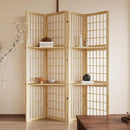 5.6FT Room Divider and Folding Portable Partition Screen, Chinese Japanese Shoji Style with Three Display Shelves for Room Separation - 4 Panel (Natural) by CozyNest Decor