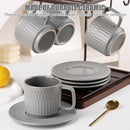 Large Cappuccino Cups with Saucers Set of 4, 8 Ounce Stackable Embossed Ceramic Coffee Mugs for Specialty Coffee Drinks, Latte, Cafe Mocha and Tea, Dishwasher & Microwave Safe (Grey) by CozyNest Decor