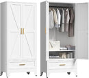 71'' Farmhouse Metal Wardrobe Cabinet with Hanging Rod, 2 Barn Door Wardrobe Closet with Adjustable Shelves,Drawer,for Dining Room,Bedroom,Living Room, Cloak Room,Office (White) by CozyNest Decor
