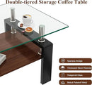 Tempered Glass Coffee Table Rectangle Living Room Center Table, with 39" Clear Top and Brown MDF Layer Black Metal Leg, for Small Space Apartment, Transparent+Brown by CozyNest Decor