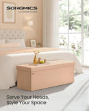 SONGMICS Mazie Collection - Storage Ottoman Bench, 43 Inches Folding Foot Rest Stool, End of Bed Bench, Easy Assembly, for Living Room, Bedroom, Entryway, Apricot Orange ULSF077O01 by CozyNest Decor