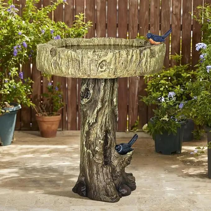 SKYFIRE 24.4” H Fibre Reinforced Concrete Outdoor Garden Bird Bath with Birds, Woodland Tree Trunk Decoration Yard Statue，Pedestal Birdbaths for Outdoors, Garden, Patio, Lawn, Backyard, photo 2 of 7