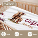 Custom Name Crib Bedding Set - Highland Cow Theme, Personalized Rose Floral Nursery Bedding 3-Piece Set– Soft Blanket, Fitted Sheet, Changing Pad Cover – for Newborns Girls Nursery Gifts by TinyTreasures Baby Boutique