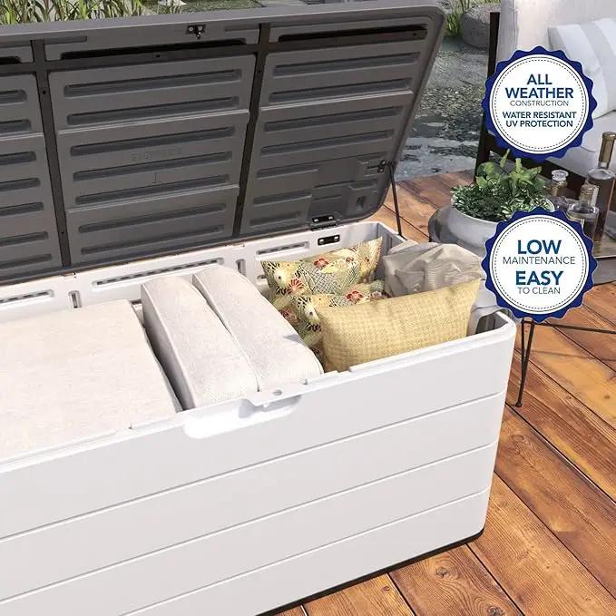Heavy-Duty 100 Gallon Outdoor Storage Box - Waterproof Deck Box & Large Storage Bin for Patio/Pool, All-Weather Resin Chest with Lock, UV-Resistant, Alpine White, photo 6 of 9