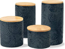American Atelier Embossed Canister 4-Piece Ceramic Set Jar Container with Wooden Lids for Cookies, Candy, Coffee, Flour, Sugar, Rice, Pasta, Cereal & More by CozyNest Decor