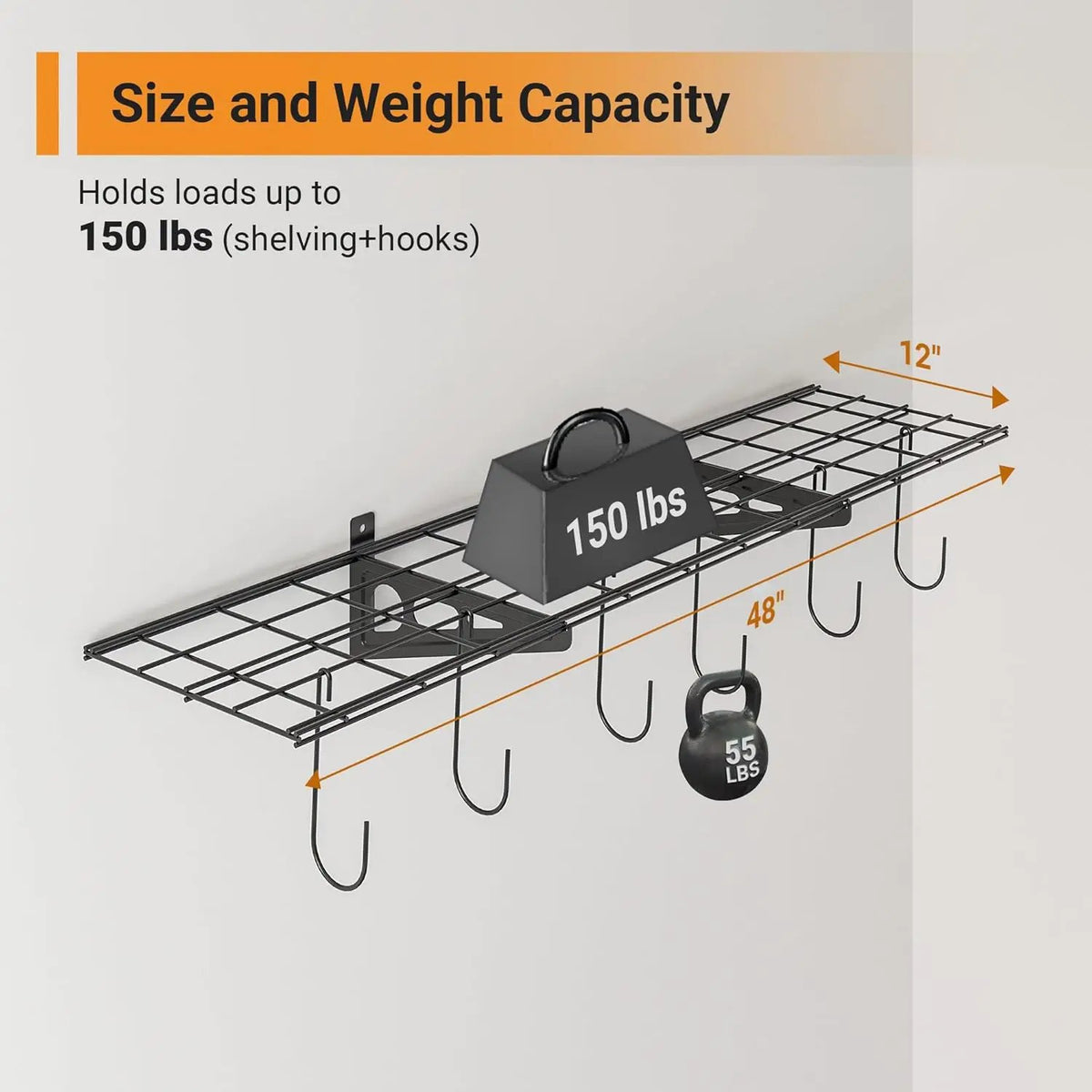 1x4 ft Garage Shelving with 6 Bike Hooks, 1-Pack Wall-Mounted Shelve for Garage, Kitchen, Pantry Storage, 150 lbs Total Load Capacity Wall Shelving, Black, photo 2 of 6