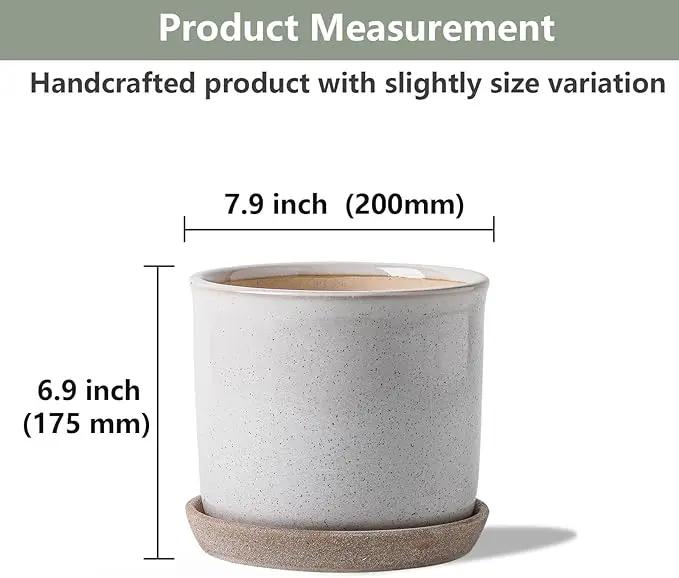 8 Inch Plant Pot: Ceramic Planter with Drainage Hole & Saucer - Cylinder Round Flowerpot for Indoor & Outdoor Plants - with Separate Tray for Home & Office - Retro Style, Grey, photo 2 of 6