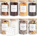 8 Pack Glass Jar with Airtight Bamboo Lid and White 132 Kichen Pantry Labels Preprinted - 21 Oz Clear Round Glass Food Storage Containers set For Tea Coffee Sugar Spice by CozyNest Decor