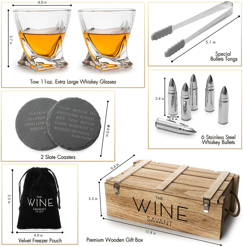 Whiskey and Spirits Gifts for Men Dad Luxurious Twist Glasses with Whiskey Stones - 2 10oz Twist Whiskey Glasses, Tongs, 4 Chilling Rocks Stones - Army Crate Box - US Army, Veteran Military (Bullets)