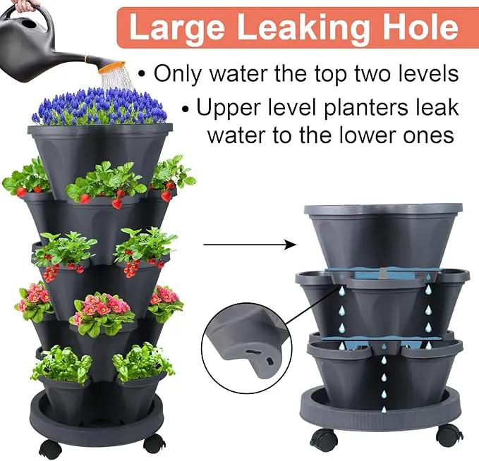 Vertical Planter 5 Tier Stackable Planters Garden Planters Strawberry Herb Flower and Vegetable Planter Indoor Outdoor Gardening Pots with Removable Wheels and Tools, photo 3 of 8
