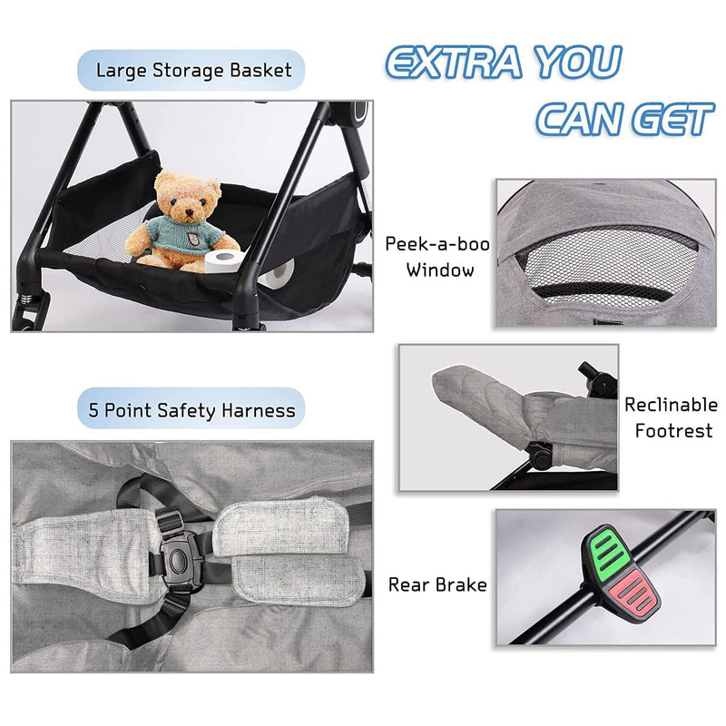 2 in 1 Convertible Baby Stroller Carriage Bassinet to Stroller Adjustable Footrest & Canopy, 5-Point Seat Belt, Lightweight Aluminum Frame, Gray