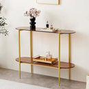 Oval Glass Console Table for Living Room, Foyer & Entrance, 2-Tiers Mid-Century Modern Sofa Table with Amber Glass Top, Walnut Finish Wood Top and Gold Finish Metal Frame by CozyNest Decor