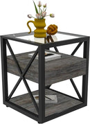 Farmhouse End Table, Modern Side Table with Drawer&3-Tier Storage Shelf, Square Rustic Nightstand, Accent Tea Table, for Bedroom Office Living Room, Grey, Natural Wood, Glass, Metal by CozyNest Decor