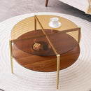 Round Coffee Table, Mid-Century Modern Design, D30 x H17, for Living Room, 2-Tier Structure, Amber Glass Top and Walnut MDF Shelf, Sleek Conical Metal Legs with Gold Finish by CozyNest Decor