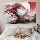 Cherry Blossoms Tapestry, Japanese Red Landscape Asian Watercolor Abstract Art, Bedroom Living Room Decor 90"x60" by CozyNest Decor