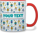 Personalized Mug for Kids - Robots - Custom Name/Text, Ceramic Hot Chocolate/Cocoa/Coffee Cup for Boys, Birthday/Christmas/Holiday Gift - 11 oz, Red Handle by TinyTreasures Baby Boutique