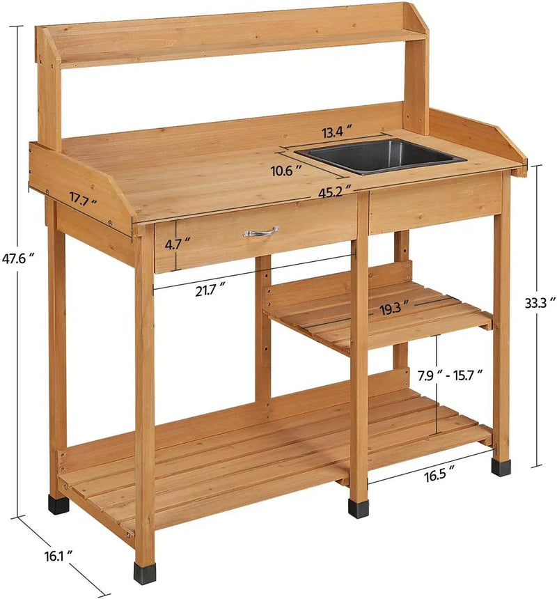 Yaheetech Potting Bench Outdoor Garden Work Bench Station Planting Solid Wood Construction for Horticulture w/Sink Drawer Rack Shelves Natural Wood, photo 3 of 6