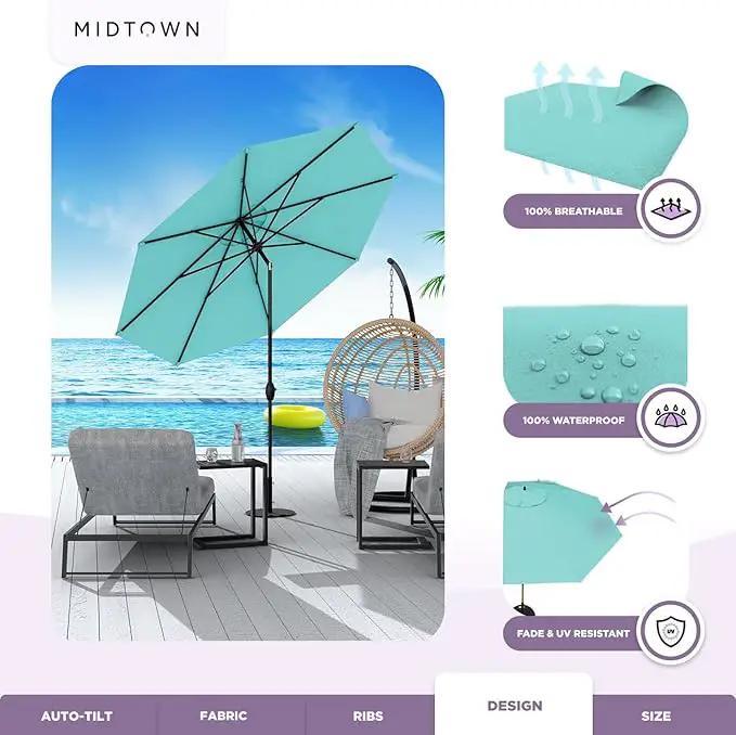 Midtown Umbrellas Sunbrella Umbrella 9 Feet Outdoor Umbrella With Sunbrella Aruba Acrylic Fabric - Auto-Tilt Aluminum Frame Patio Umbrella For Backyard, Deck, Garden, Pool - Black Pole, photo 5 of 7