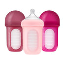 Boon Nursh Reusable Silicone Pouch Baby Bottles - Medium Flow Nipple - Silicone Baby Bottle Pouch and Nipple - Baby Feeding Essentials - Pink - 3-6 Months - 3 Count - 8 Ounce by TinyTreasures Baby Boutique