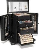 Jewelry Box for Women, Rustic Wooden Jewelry Boxes & Organizers with Mirror, 4 Layer Jewelry Organizer Box Display for Rings Earrings Necklaces Bracelets (Black) by TinyTreasures Baby Boutique