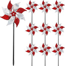 Hausse 10 Pack Reflective Pinwheels, Extra Sparkly Wind Sculptures for Garden Christmas Holiday Winter Decor, Bird Devices Deterrent to Scare Birds Away from Yard Patio Farm, Red & Silver by CozyNest Decor