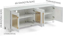JYED Mid Century Modern TV Stand for TVs up to 75", 69.5" W White Entertainment Center with 4 Gold Metal Mesh Doors - Wood Grain MDF TV Console, Media Storage by CozyNest Decor