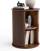 LINSY HOME Round Fluted End Table, Tall Side Table with Sliding Tambour Door and Storage Shelf, Modern Bedside Table, Mid-Century Nightstand for Living Room, Bedroom, Walnut by CozyNest Decor