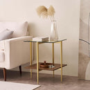 Glass End Table, Mid-Century Modern Design Sofa Table, for Living Room, 2-Tier Structure, Clear Glass Top and Walnut MDF Shelf, Sleek Conical Metal Legs with Gold Finish Frame by CozyNest Decor