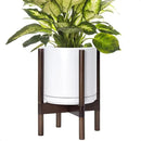D'vine Dev Ceramic Planter with Walnut Color Stand - 10 Inch Modern Round Flower Pot with Wood Planter Holder, White, 55-B-X-1 by CozyNest Decor