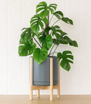 D'vine Dev Ceramic Planter with Natural Stand - 12 Inch Modern Round Flower Pot with Wood Planter Holder, Grey, 55-B-J-3 by CozyNest Decor