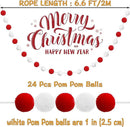 Jishi 3-Pack Pom Pom Garland Red and White Felt Ball Ornament Garland Christmas Decorations, Cute Pompom Strings for Christmas Tree Decor, Xmas Holiday Party, Birthday Banner - 6.6 Feet Long, 24 Balls by CozyNest Decor