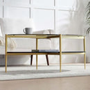 Oval Glass Coffee Table, Mid-Century Modern Design, L43 x W22 x H17 inch, Surfboard Shaped Grey Glass Top and Black Marble Finish Wood Shelf, Tapered Legs with Gold Finish Frame by CozyNest Decor