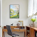 The scenery of a stream between trees and cherry blossoms under the blue sky is suitable for posting in the living room bedroom office landscape posters by CozyNest Decor