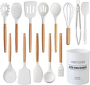 Country Kitchen Non Stick Silicone Utensil Set with Rounded Wood Handles for Cooking and Baking, 14 Piece Set, White by CozyNest Decor