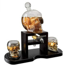 Skull Skeleton Wine & Whiskey Decanter Set 750mL with 2 Skull Shot Glasses 3oz | Gothic Skeleton Barware on Mahogany Wooden Base with Spigot | Spooky Halloween Decor Drinkware & Unique Goth Gift Idea by CozyNest Decor
