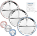 Stainless Steel Suction Plates for Toddlers, 9" Divided Kids Baby Plates with Removable Silicone Suction, Non Toxic Non Slip Portion Control Snack Dishes 3 Packs, Blue Gray Blush by TinyTreasures Baby Boutique