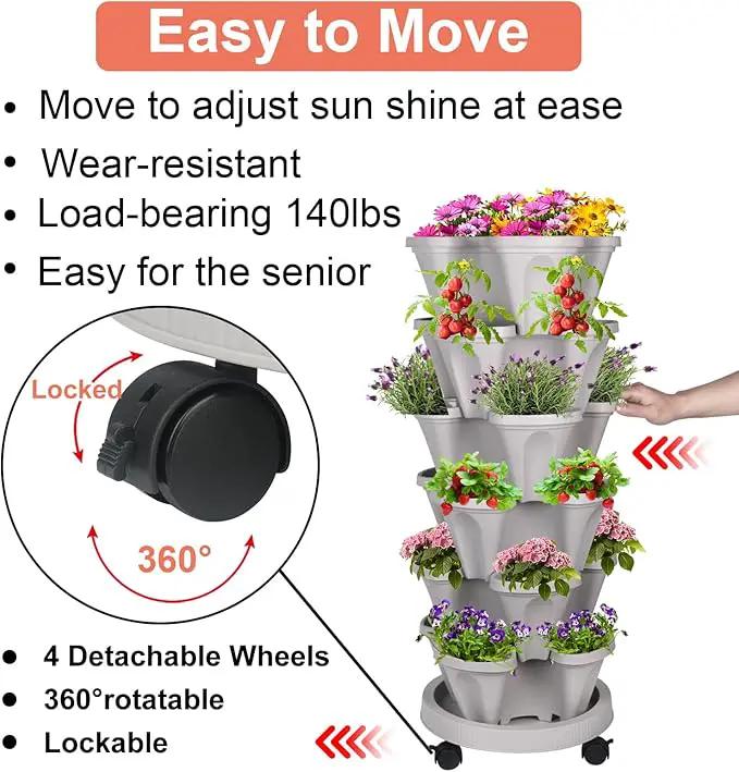 Vertical Planter 6 Tier Stackable Planters Garden Planters Strawberry Herb Flower and Vegetable Planter Indoor Outdoor Gardening Pots with Removable Wheels and Tools 2-Pack, photo 5 of 8