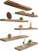 Wood Floating Shelves for Wall Decor, Rustic Wall Shelves for Bedroom Bathroom Kitchen Living Room, Set of 6 Light Walnut by CozyNest Decor