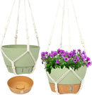 QCQHDU 2 Pack Hanging Planters for Indoor Plants, Outdoor Hanging Baskets, Self Watering Pots with Drainage Holes & Removable Tray (Green, 8 inch, Macrame Hanger) by GreenHaven Gardens