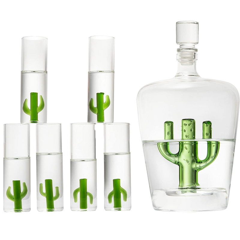 Tequila Decanter Set with Cactus Decanter and 6 Cactus Shot Glasses Set, Perfect for Holiday Gifts for Tequila Lovers, 25 Ounce Bottle, 3 Ounce Shot Glasses Cinco De Mayo, Reposado Gift (Cactus)