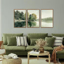 KAIRNE Framed Nature Canvas Wall Art Set,Misty Forest Wall Decor,Green Mountain Forest Pictures,Lake Water Painting set of 3(16”x24”),Landscape Scene Print for Living Room, Bedroom,Gallery Decor by CozyNest Decor