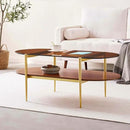 Oval Glass Coffee Table, Mid-Century Modern Design, L41 x W21 x H17 inch, for Living Room, 2-Tier Structure, Amber Glass Top and Walnut Finish Wood Shelf, Conical Legs with Gold Finish Frame by CozyNest Decor