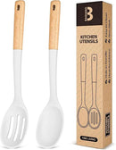 Silicone Cooking Spoons, Great for Scooping Sides and Serving Hearty Stews, BPA-Free Matte Silicone, Wooden Handle Serving Spoon for Nonstick Cooking Surfaces (White) by CozyNest Decor