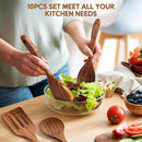 Wooden Spoons for Cooking, 10PCS Teak Wood Cookware Utensil Set with Hooks - Smooth Finish, Non-Stick, Comfortable Grip, Heat Resistant Kitchen Utensils by CozyNest Decor