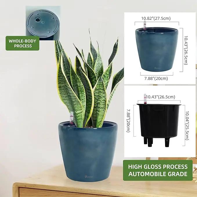 Dexceder 11x10 Inches Self Watering Planter Indoor Outdoor, Inner Pot Design, Thickened Table Flower Plant Pot with Water Level Indicator (Grayish Green Gradient), photo 3 of 6