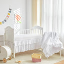 Mini Crib Bedding Set 3 Pieces Baby Boho Quilted Tufted Ruffles Comforter with Fitted Sheet and Ruffled Bed Skirt - Cute Shabby Baby Bedding Fits Mini Crib Only White by TinyTreasures Baby Boutique