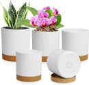 5 Pack Cylindrical Flower Pots with 7/6.5/6/5/4 inch, Modern Small Plastic Plant Pots with Drainage Holes & Saucers, Round Planter Pots for Outdoor, Indoor & Office Decor (White Brown) by GreenHaven Gardens