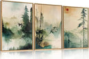 Chinoiserie Nature Framed Canvas Wall Art Set, Mountain and Forest Landscape Painting, Natural Bamboo Pine Tree Lakes Wall Decor for Living Room, Bedroom, Dining Room, Office - 16"x24"x3 by CozyNest Decor